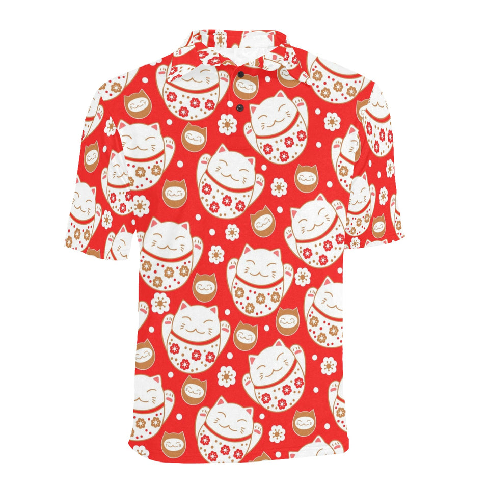 Cute Maneki neko cat red background Men's All Over Print Polo Shirt