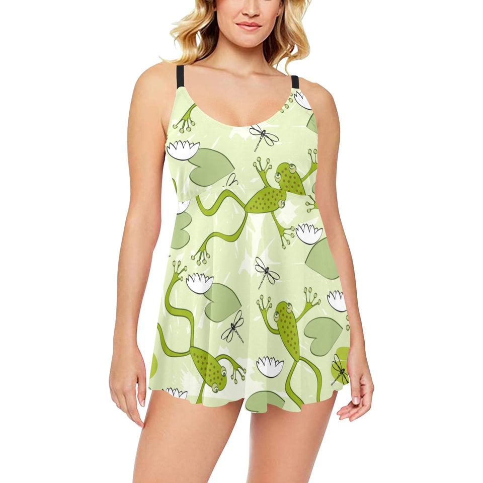 Cute frog dragonfly pattern Chest Sexy Pleated Two Piece Swim Dress