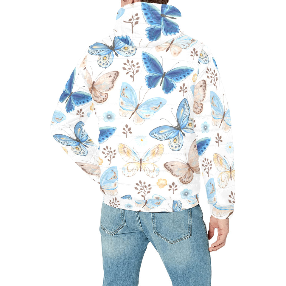 blue butterfly pattern Men's Padded Hooded Jacket