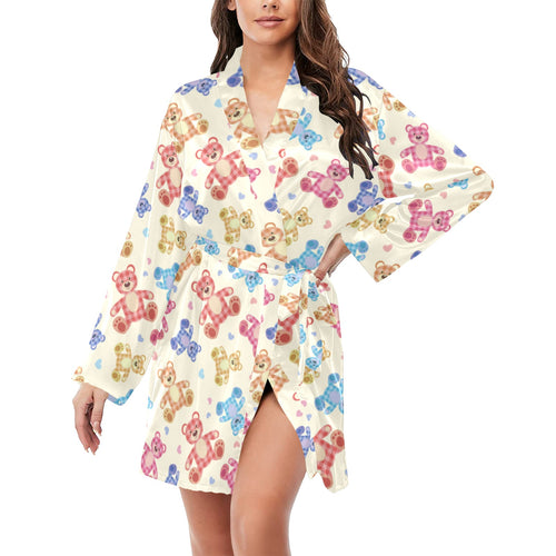 Teddy Bear Pattern Print Design 05 Women's Long Sleeve Belted Night Robe