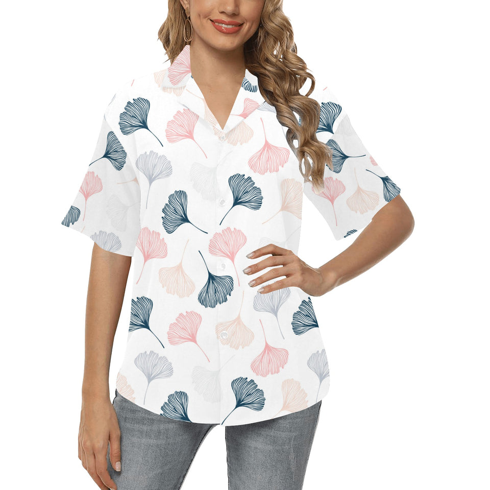 Black Gray Cream coral ginkgo leaves pattern Women's All Over Print Hawaiian Shirt
