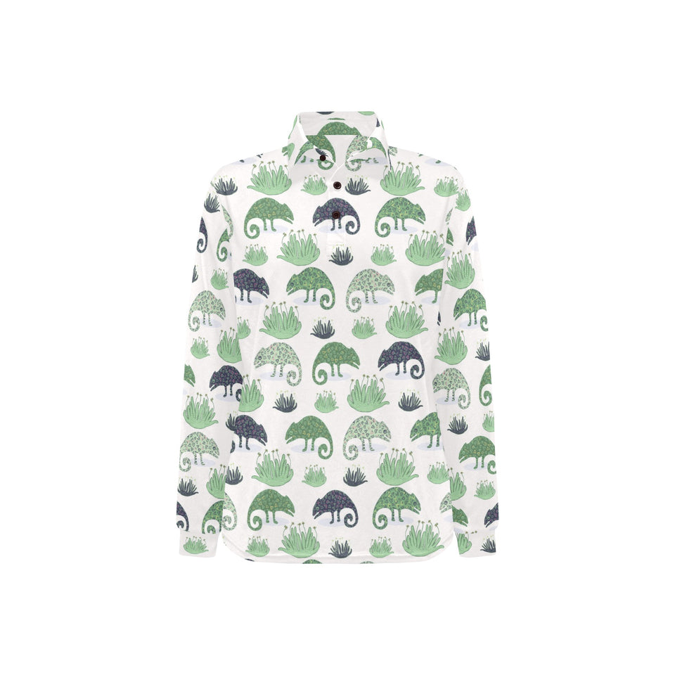 Chameleon lizard succulent plant pattern Women's Long Sleeve Polo Shirt