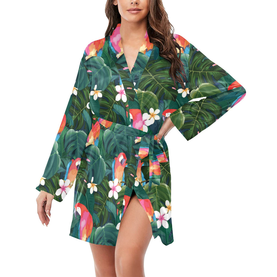 Parrot Palm tree leaves flower hibiscus pattern Women's Long Sleeve Belted Night Robe