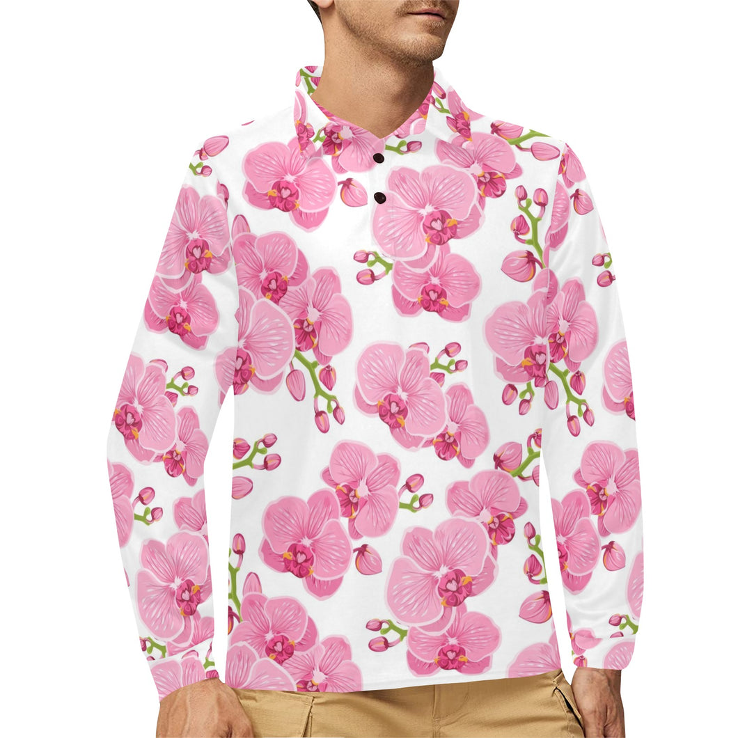 pink purple orchid pattern background Men's Long Sleeve Polo Shirt