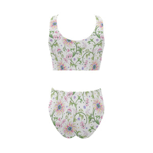 Beautiful pink lotus waterlily leaves pattern Chest Bowknot High Waisted Bikini Swimsuit
