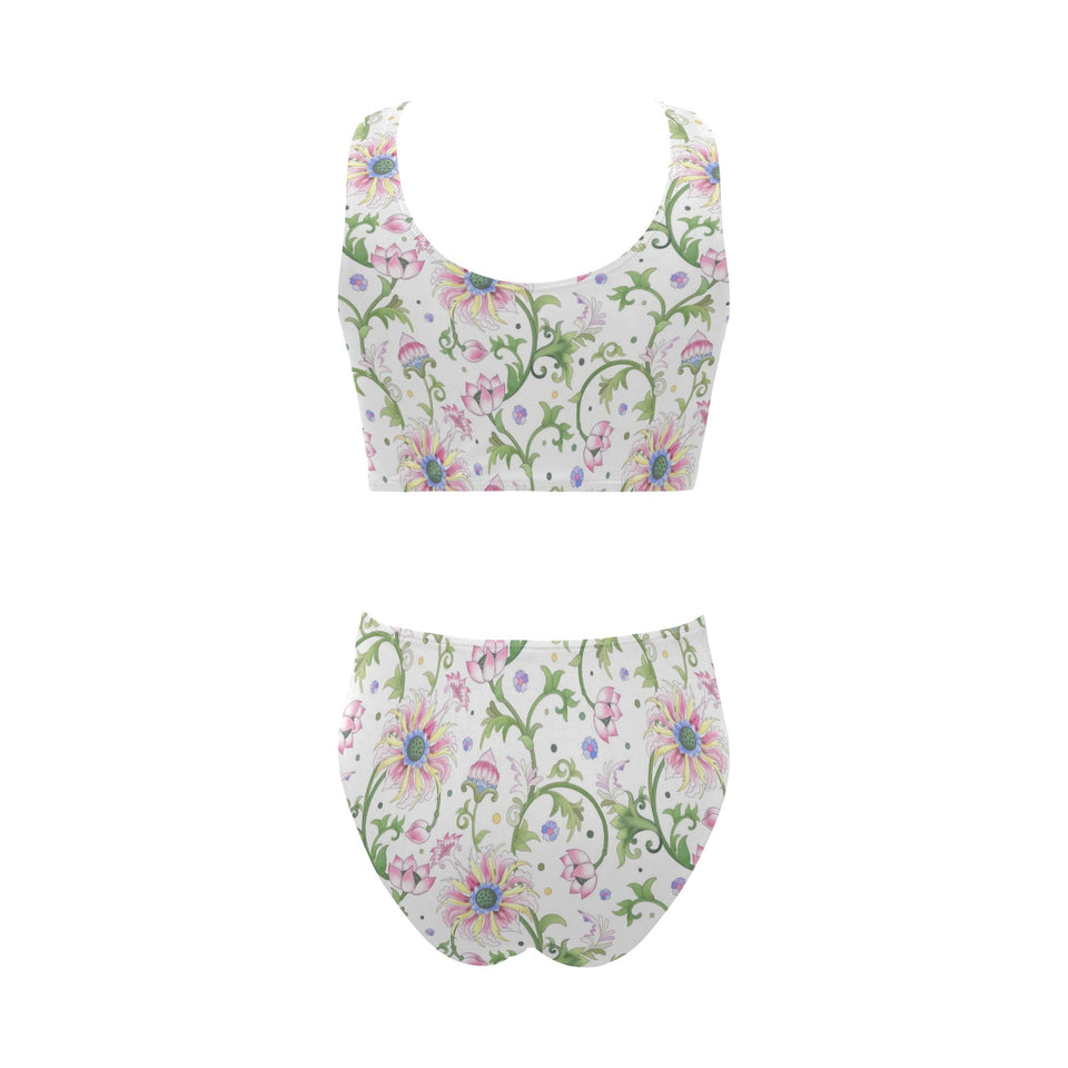 Beautiful pink lotus waterlily leaves pattern Chest Bowknot High Waisted Bikini Swimsuit