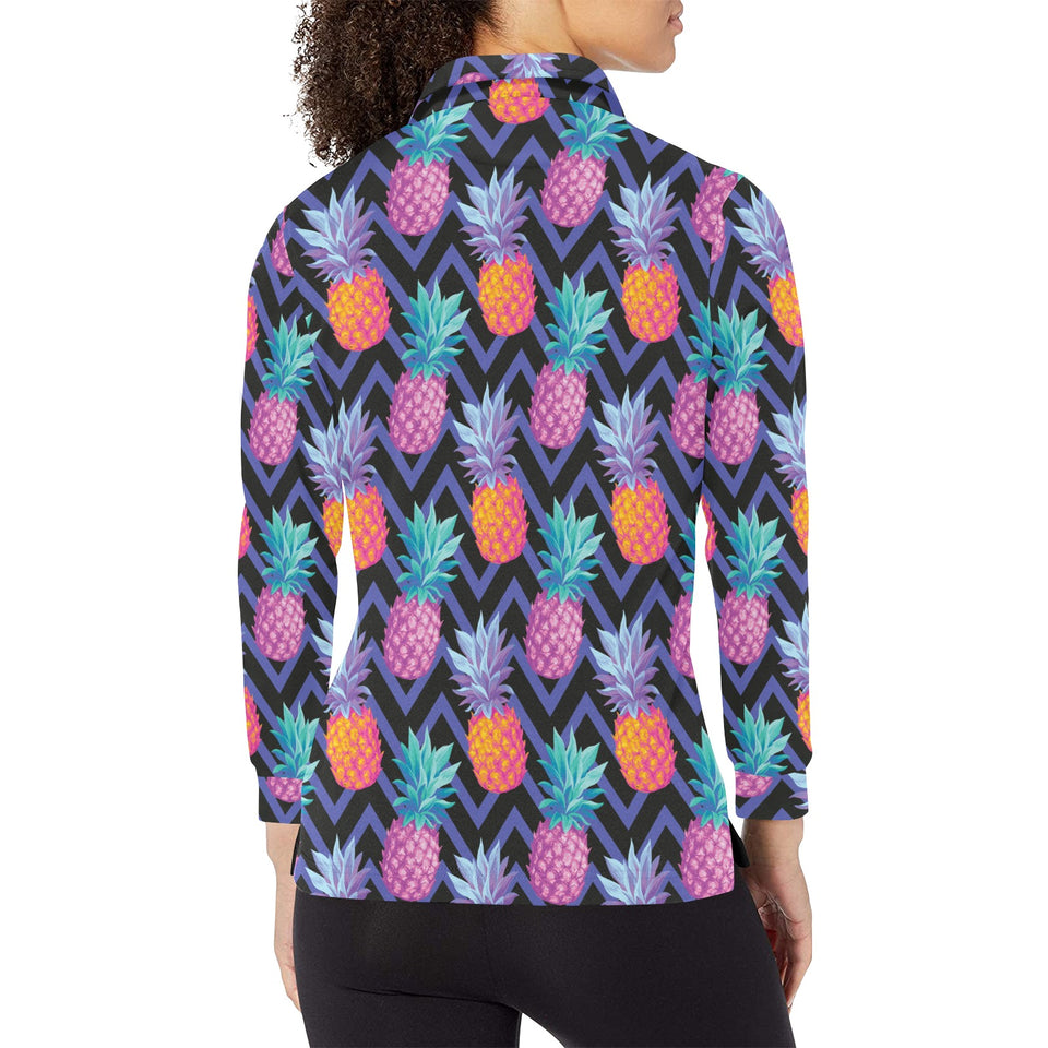 Pineapples pattern zigzag background Women's Long Sleeve Polo Shirt