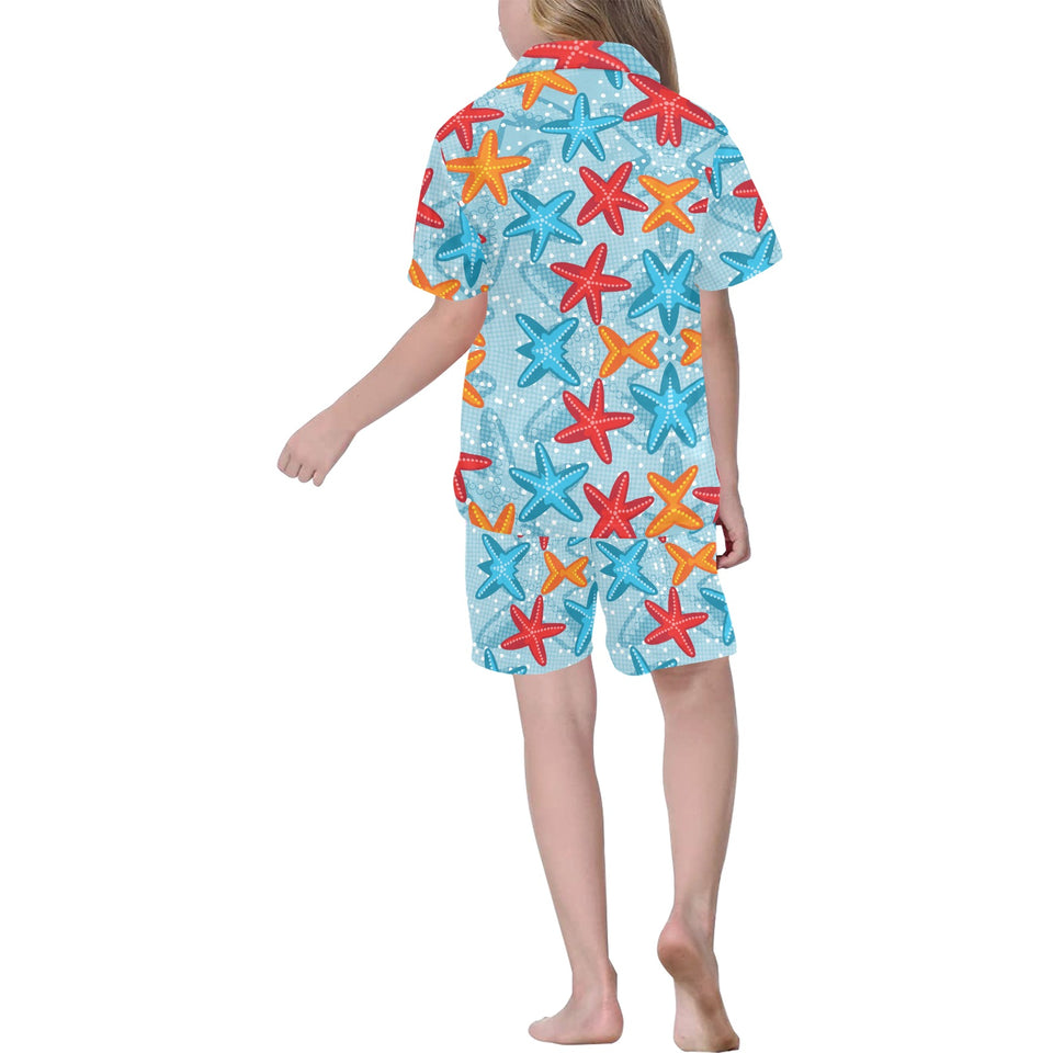 Blue red orange starfish pattern Kids' Boys' Girls' V-Neck Short Pajama Set