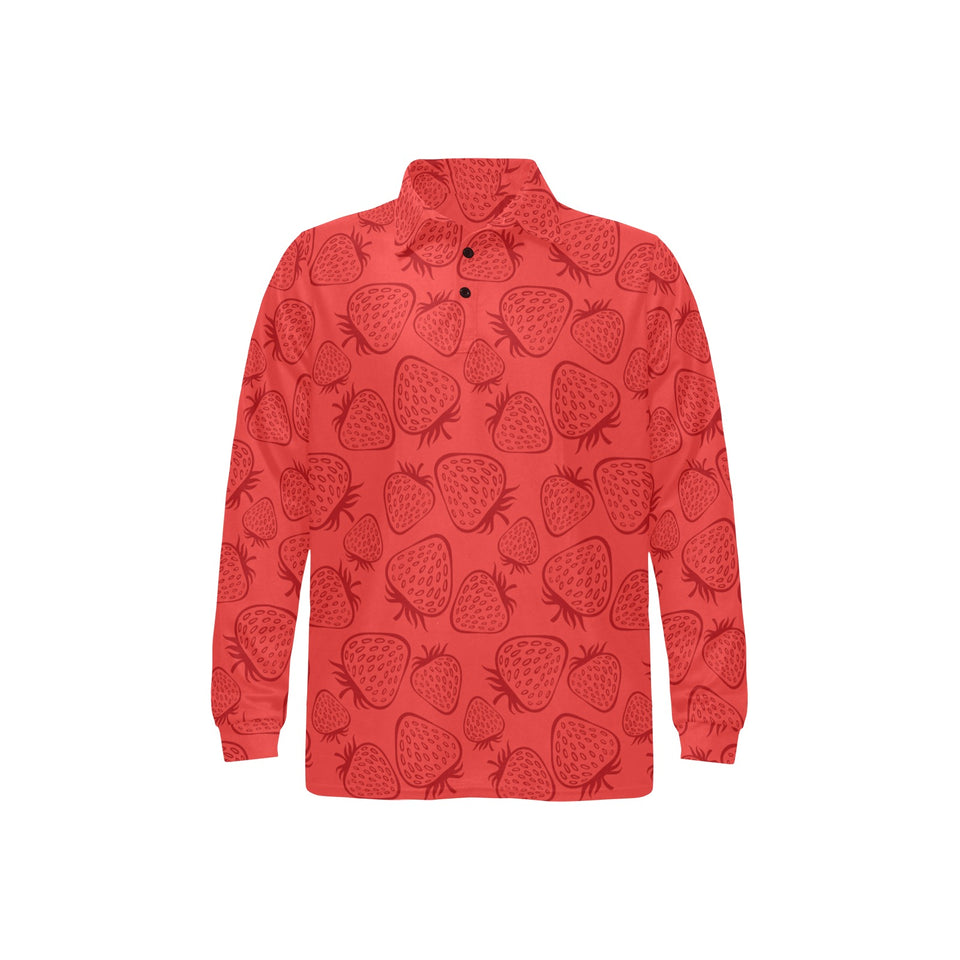 strawberry pattern red background Men's Long Sleeve Polo Shirt