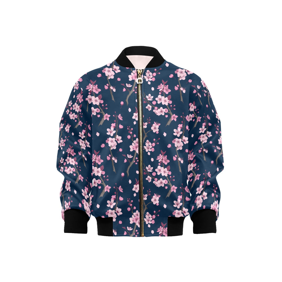 Pink sakura cherry blossom blue background Kids' Boys' Girls' Bomber Jacket