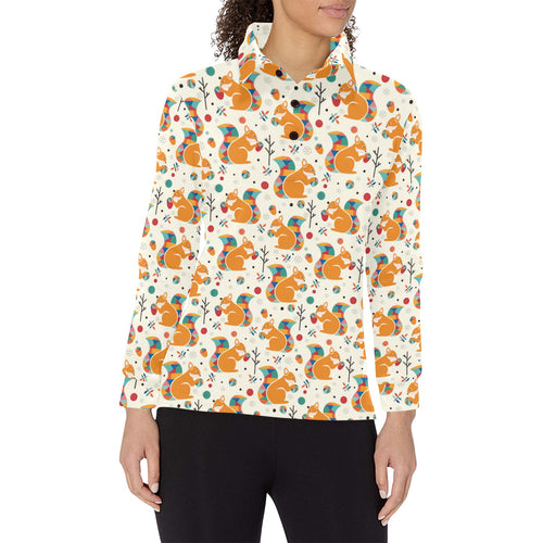 Squirrel Pattern Print Design 04 Women's Long Sleeve Polo Shirt
