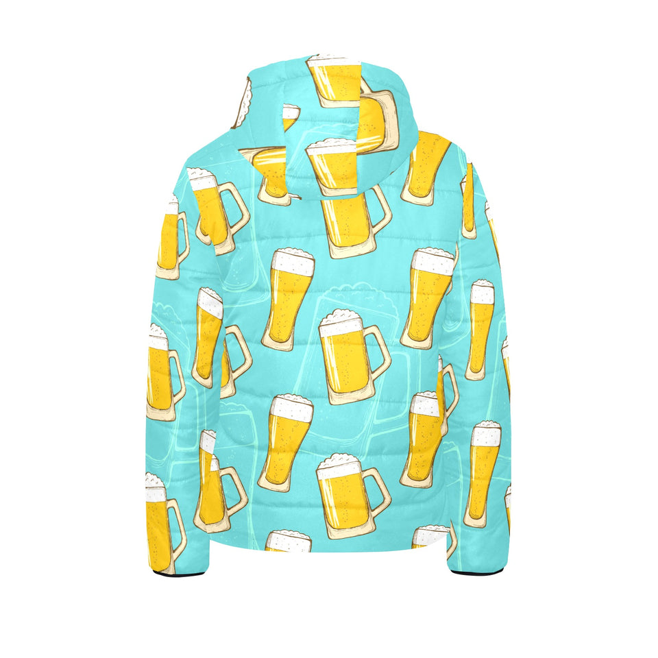 Beer pattern green background Kids' Boys' Girls' Padded Hooded Jacket