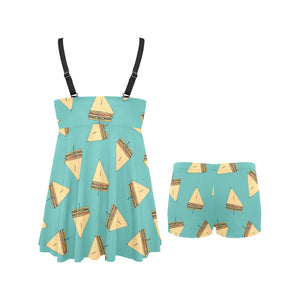 Sandwich Pattern Print Design 03 Chest Sexy Pleated Two Piece Swim Dress