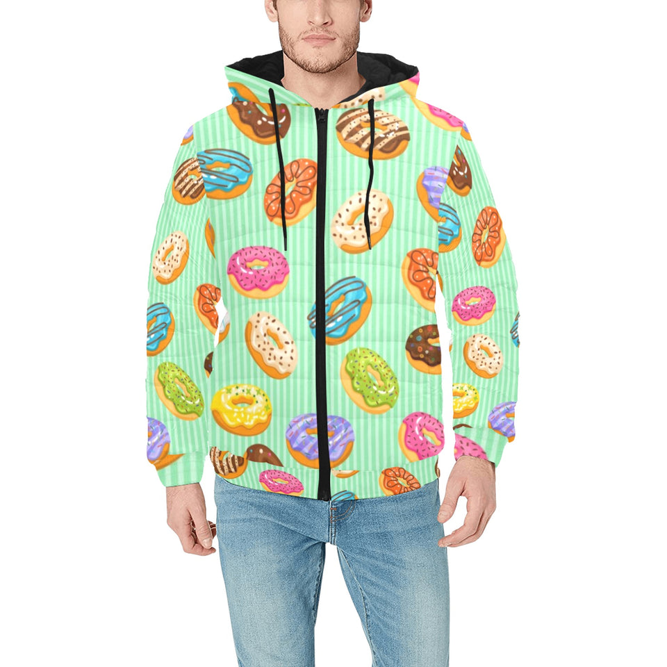 Colorful donut pattern green background Men's Padded Hooded Jacket