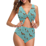 Dachshund decorative background Chest Bowknot High Waisted Bikini Swimsuit