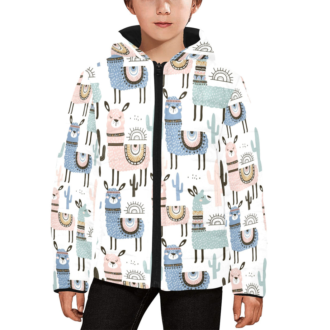 lama Alpaca cactus hand drawn pattern Kids' Boys' Girls' Padded Hooded Jacket
