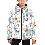 lama Alpaca cactus hand drawn pattern Kids' Boys' Girls' Padded Hooded Jacket