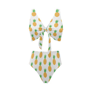 Pineapples pattern Chest Bowknot High Waisted Bikini Swimsuit