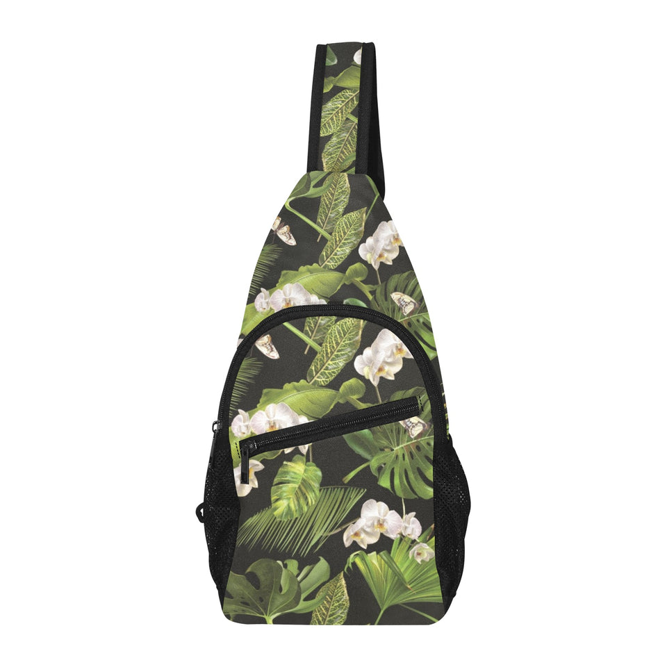 White orchid flower tropical leaves pattern blackg All Over Print Chest Bag