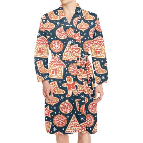Christmas gingerbread cookie pattern Men's Long Sleeve Belted Night Robe