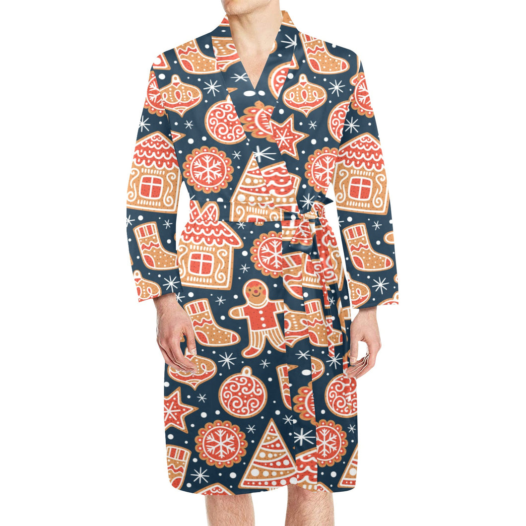 Christmas gingerbread cookie pattern Men's Long Sleeve Belted Night Robe