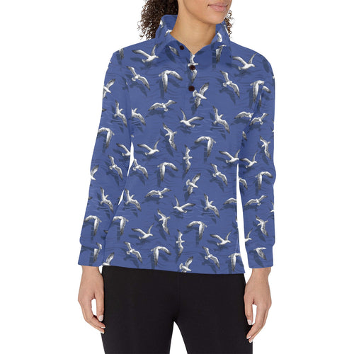 Seagull Pattern Print Design 03 Women's Long Sleeve Polo Shirt