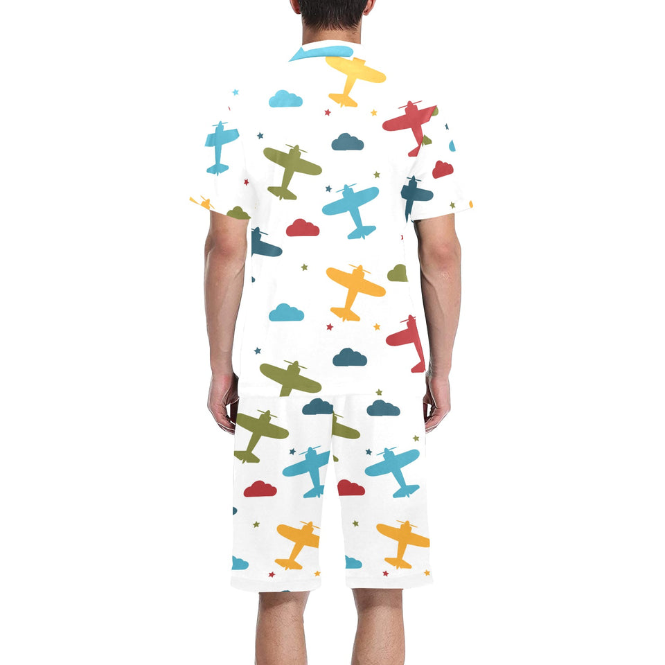 Airplane star cloud colorful Men's V-Neck Short Pajama Set