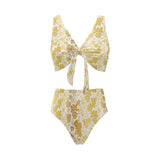 Gold grape pattern Chest Bowknot High Waisted Bikini Swimsuit