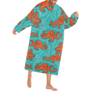 Octopus turquoise background Blanket Robe with Sleeves