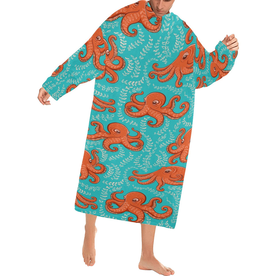 Octopus turquoise background Blanket Robe with Sleeves