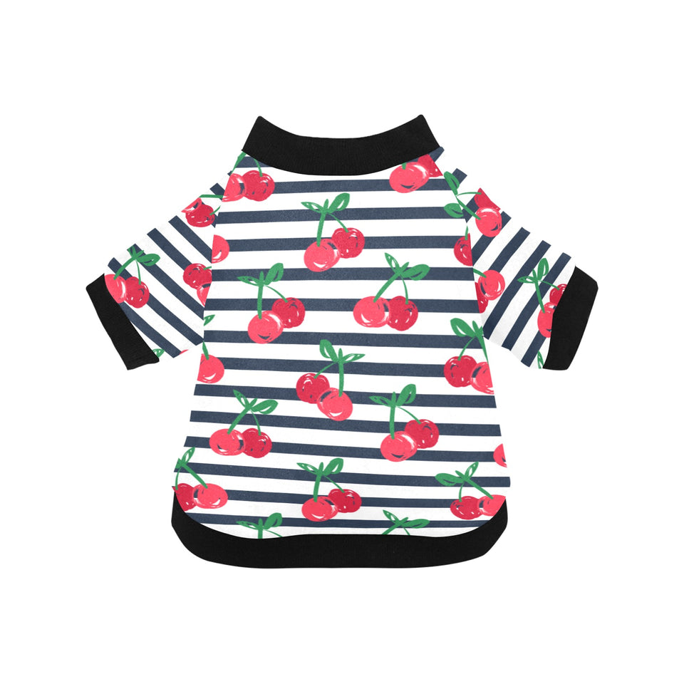 Hand drawn cherry pattern striped background All Over Print Pet Dog Round Neck Fuzzy Shirt