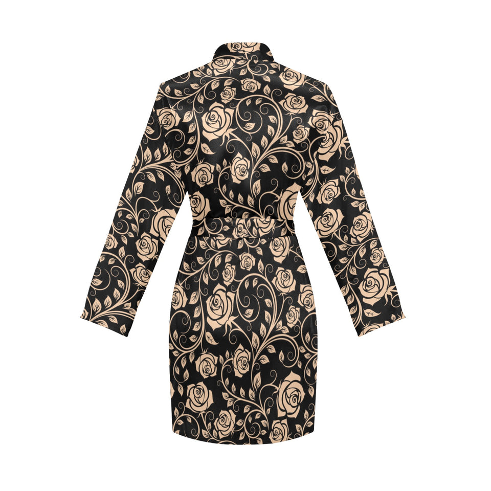 Rose Pattern Print Design 04 Women's Long Sleeve Belted Night Robe