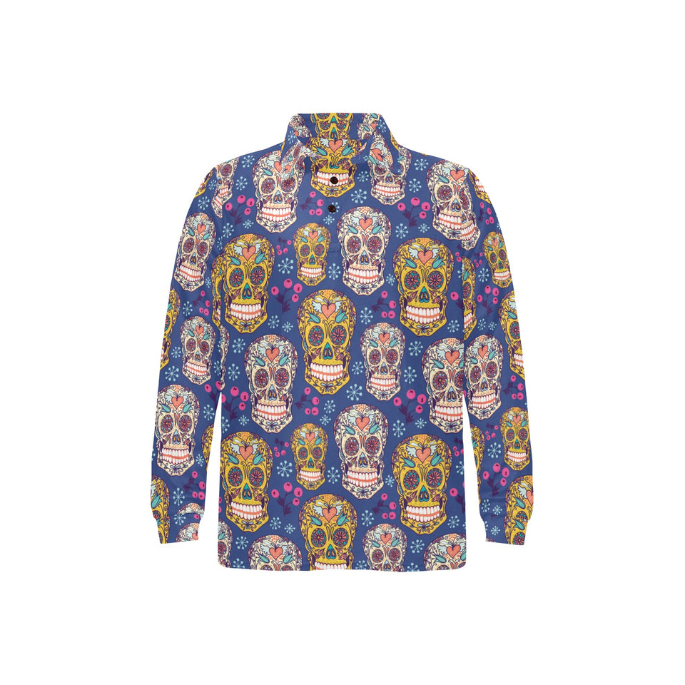 Sugar skull flower pattern Men's Long Sleeve Polo Shirt