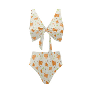 Cute brown pomeranian paw leave bone pattern Chest Bowknot High Waisted Bikini Swimsuit