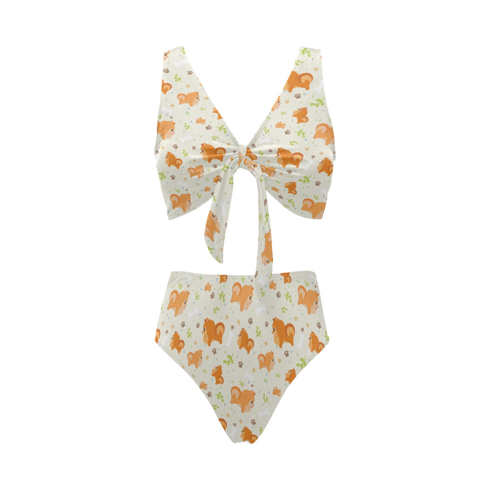 Cute brown pomeranian paw leave bone pattern Chest Bowknot High Waisted Bikini Swimsuit