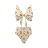 Cute brown pomeranian paw leave bone pattern Chest Bowknot High Waisted Bikini Swimsuit