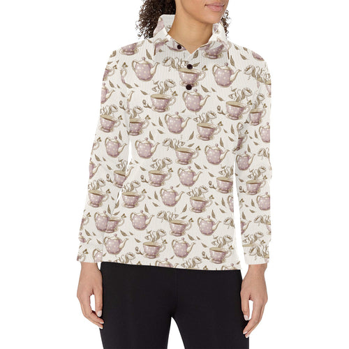 Tea pots Pattern Print Design 03 Women's Long Sleeve Polo Shirt