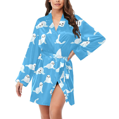 Cute sea lion seal pattern background Women's Long Sleeve Belted Night Robe