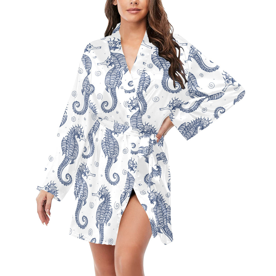 Seahorse pattern background Women's Long Sleeve Belted Night Robe