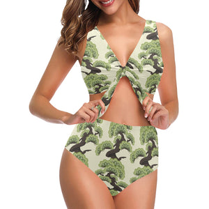 Bonsai pattern Chest Bowknot High Waisted Bikini Swimsuit