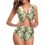 Bonsai pattern Chest Bowknot High Waisted Bikini Swimsuit