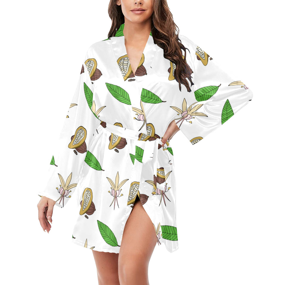 Color hand drawn cacao pattern Women's Long Sleeve Belted Night Robe