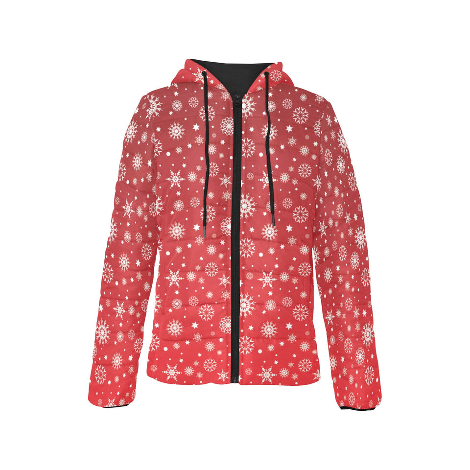 Snowflake pattern red background Women's Padded Hooded Jacket
