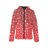 Snowflake pattern red background Women's Padded Hooded Jacket