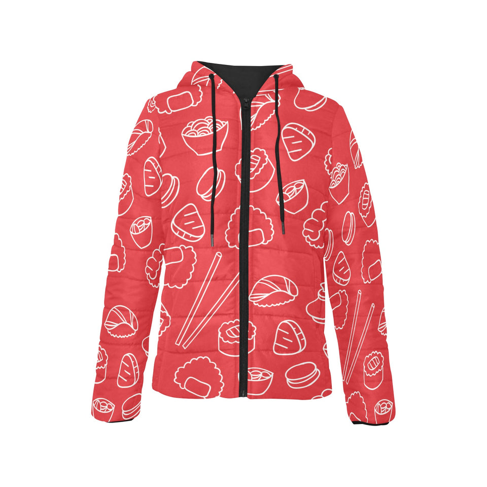 sushi pattern red background Women's Padded Hooded Jacket