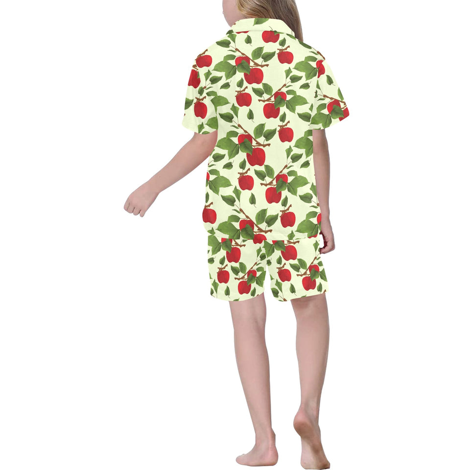 Red apples leaves pattern Kids' Boys' Girls' V-Neck Short Pajama Set