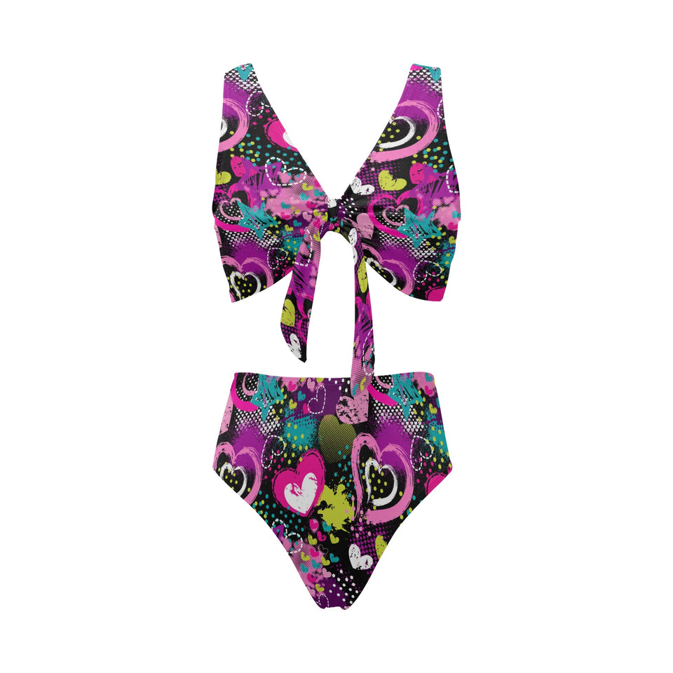 heart dot wave star creative design pattern Chest Bowknot High Waisted Bikini Swimsuit