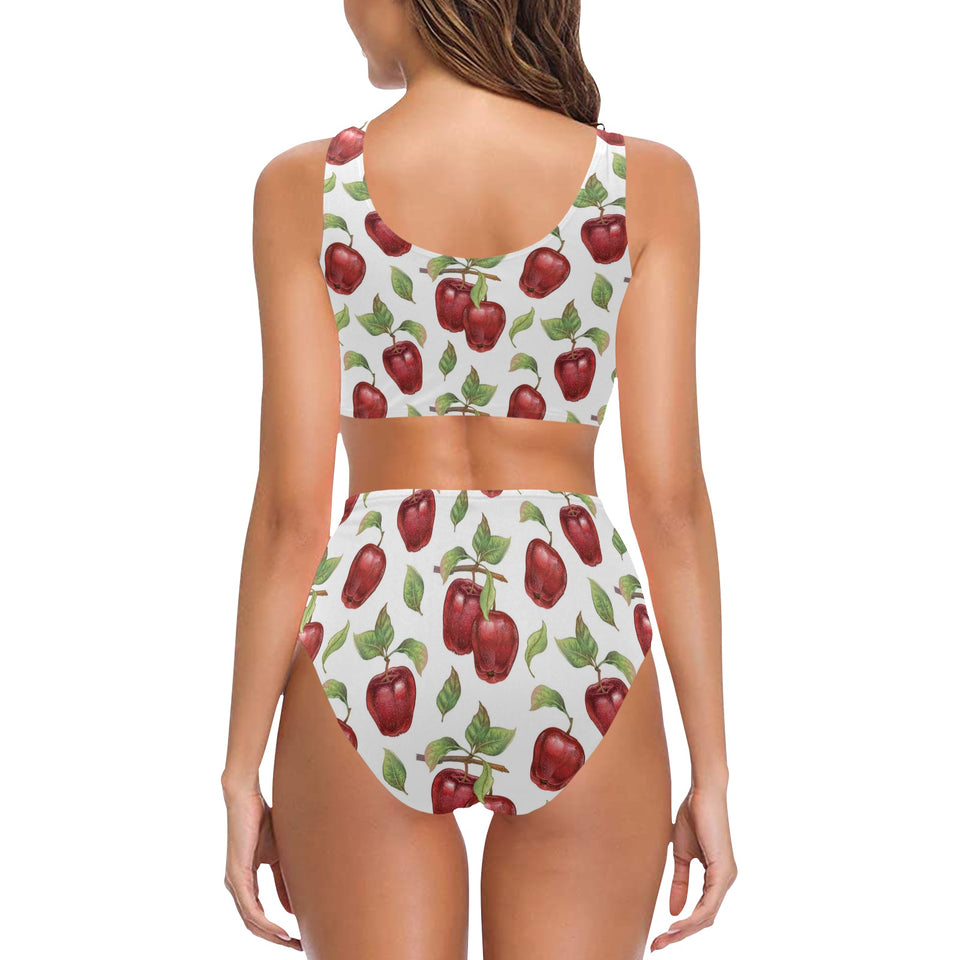Red apples pattern Chest Bowknot High Waisted Bikini Swimsuit