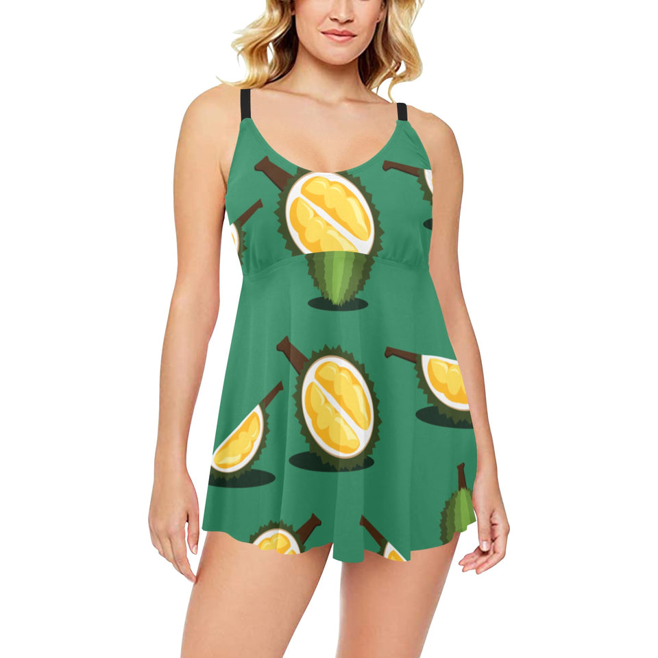 Durian pattern green background Chest Sexy Pleated Two Piece Swim Dress