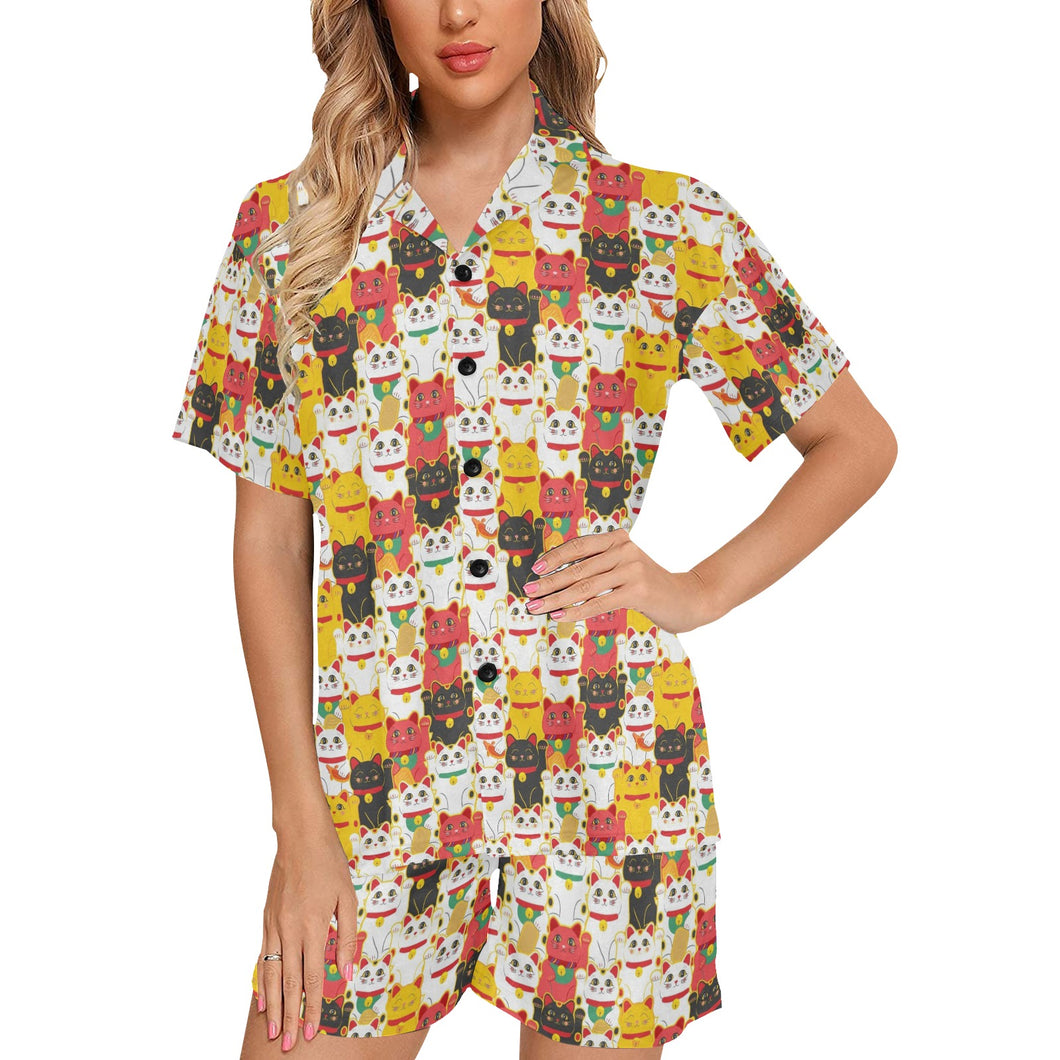 Colorful Maneki neko cat pattern Women's V-Neck Short Pajama Set